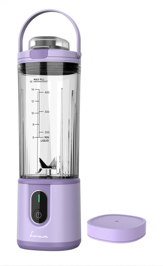 Blender portabil Fram FBP-P74PP, 10-15 minute autonomie, lame inox, mov, 400 ml, 110 W