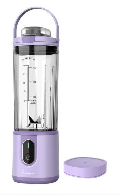Blender portabil Fram FBP-P74PP, 10-15 minute autonomie, lame inox, mov, 400 ml, 110 W