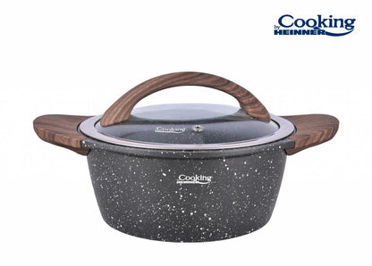 Set pentru gatit cu 6 piese Cooking by Heinner, aluminiu turnat, interior ceramic cu aspect marmorat, capace din sticla
