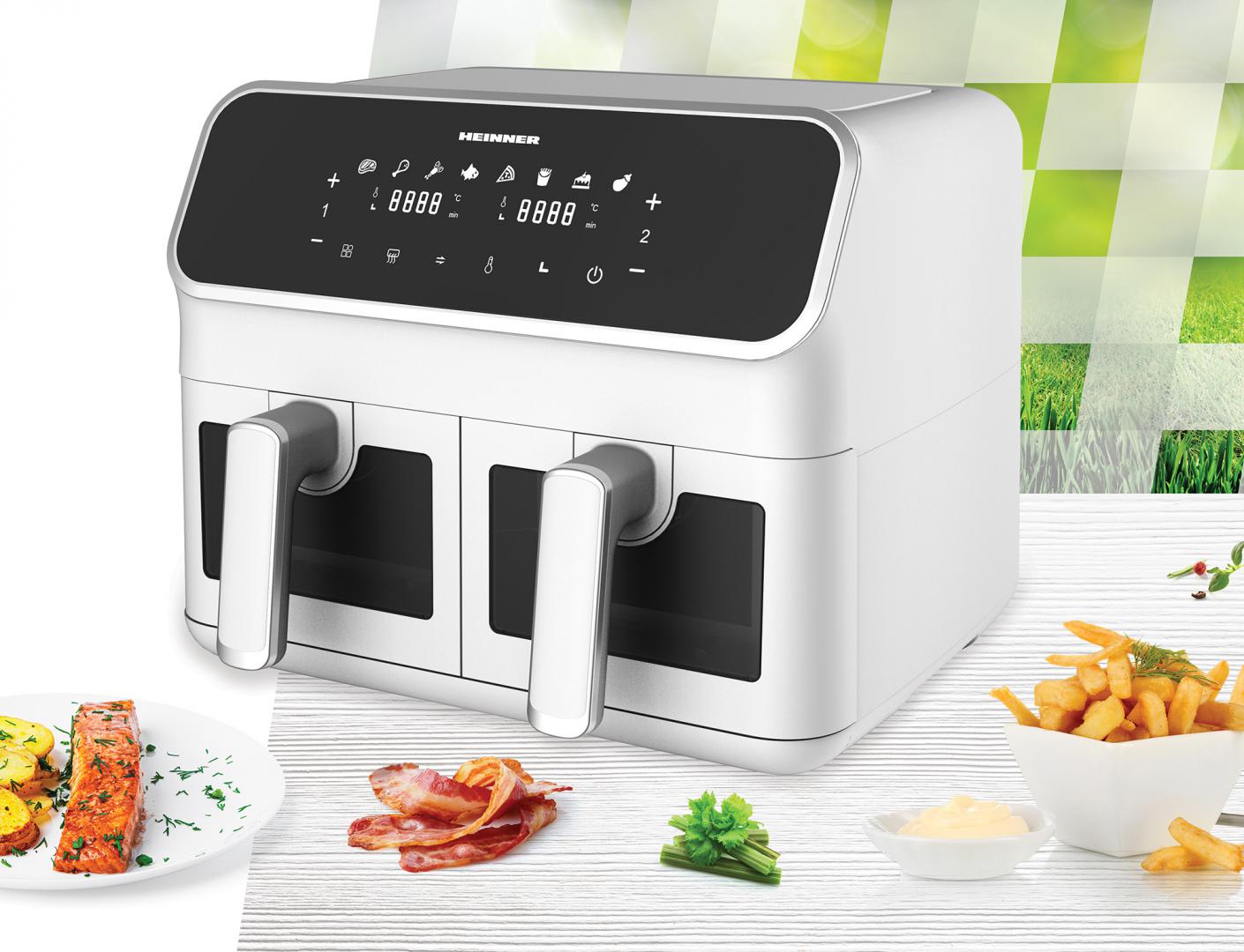 Friteuza dubla cu aer cald Heinner DualFry Supreme HAF-H8DB17WH, 1700W, capacitate totala: 8L, display digital, control touch, control individual, 8 programe, functii SYNC & MATCH, ferestre supraveghere, alb
