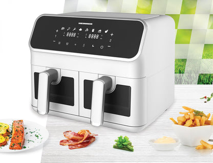 Friteuza dubla cu aer cald Heinner DualFry Supreme HAF-H8DB17WH, 1700W, capacitate totala: 8L, display digital, control touch, control individual, 8 programe, functii SYNC & MATCH, ferestre supraveghere, alb