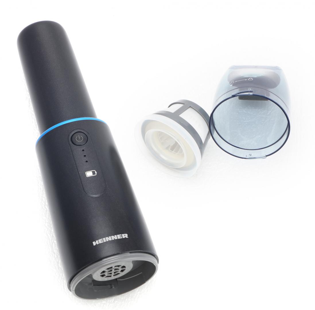 Aspirator de mana Heinner Blackstone HHVC-D7.2BK, 70 w, acumulator li 7.2v, putere absorbtie 5 kpa, indicator led, capacitate recipient praf 50 ml, autonomie 12 min, durata incarcare 3 ore, adaptor USB, accesorii perie 2 in 1, negru