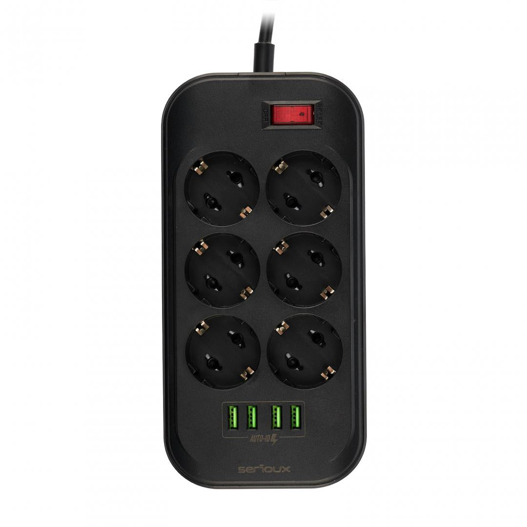 Prelungitor Cu Protectie Serioux, Prize Schuko, Input 100-240V, 50- 0Hz, Output (Total): - 10A, 4 Porturi Usb, 4 Porturi Usb (5V- 3.1A) (Auto Max) 17W, Amperaj Port Usb (Max) 3.4A, Functie Auto Id, Antistatic, Buton Power/Off, Lungime Cablu 2M,, Srxp-Psb