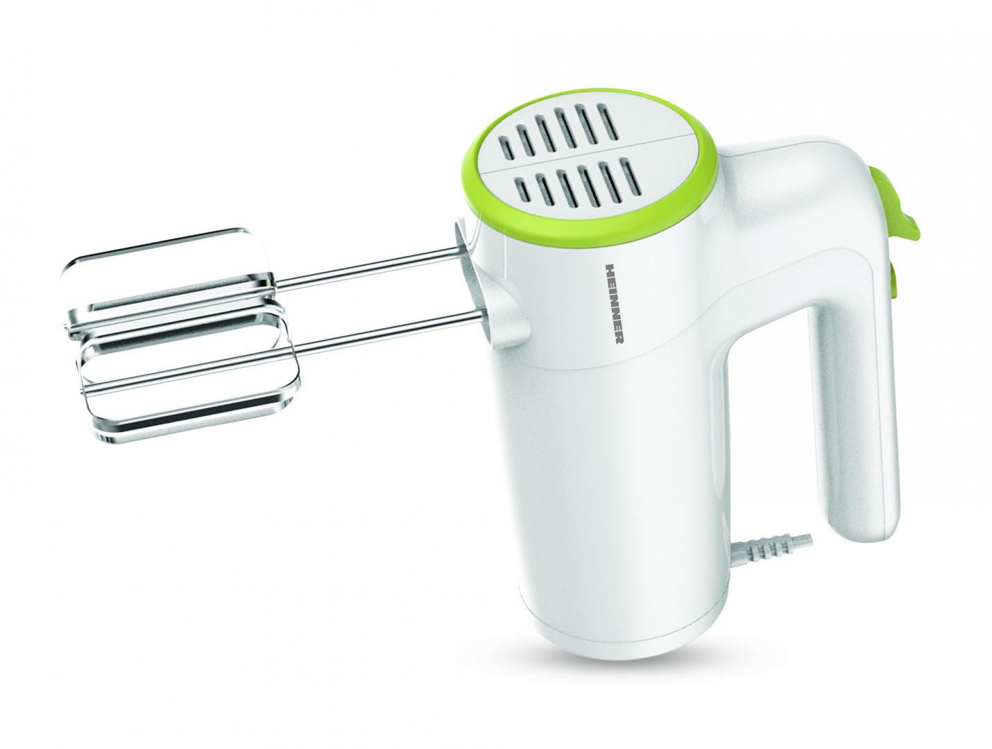Mixer de mana HEINNER HM-300GR, 300w, 6 viteze+turbo, 2 seturi accesorii inox, alb/verde