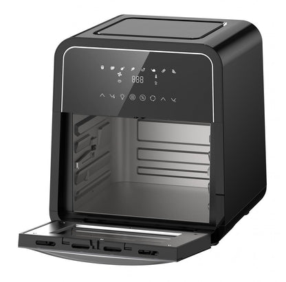 Friteuza cu aer cald Heinner Masterfry HAF-B12BK2000, 2000w, functie cuptor, capacitate: 12l, display digital cu control touch, timer 60 min, deshidratare 24h, temperatura 30-200 grade, 8 programe presetate, 3 nivele de gatire, oprire automata, negru