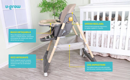 Scaun de masa cu inaltime reglabila, spatar ajustabil in 4 pozitii, pliabil, brown, U-Grow