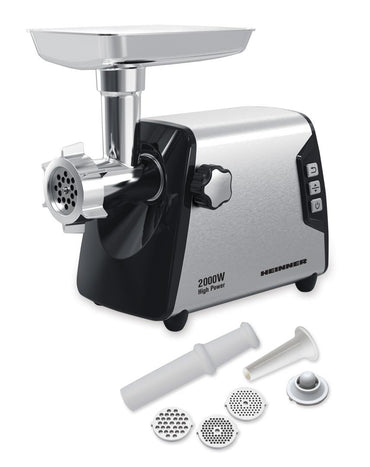 MASINA DE TOCAT HEINNER BLADE PRO HMG-Y2000SS, Putere 2000W, 3kg/min, Angrenaj metalic, Carcasa din aluminiu, Cutit inox, 3 site metalice, Functie reverse, Negru/Argintiu