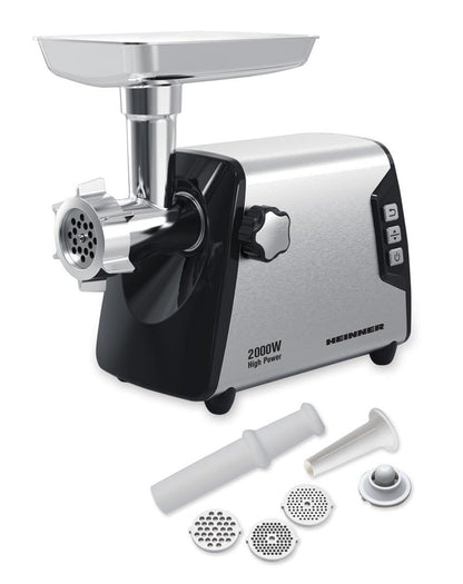MASINA DE TOCAT HEINNER BLADE PRO HMG-Y2000SS, Putere 2000W, 3kg/min, Angrenaj metalic, Carcasa din aluminiu, Cutit inox, 3 site metalice, Functie reverse, Negru/Argintiu