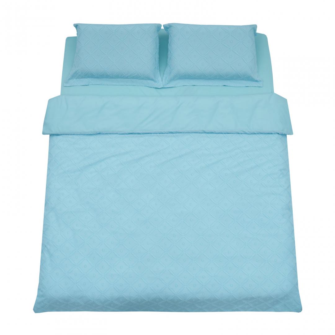 Lenjerie de pat king size pentru 2 persoane Tuff Heinner Home, cearsaf pilota 200x220 cm, cearsaf pat 220x240 cm, 2 fete de perna oxford 50x70+5 cm, microfibra, broderie Tuffata, bleu