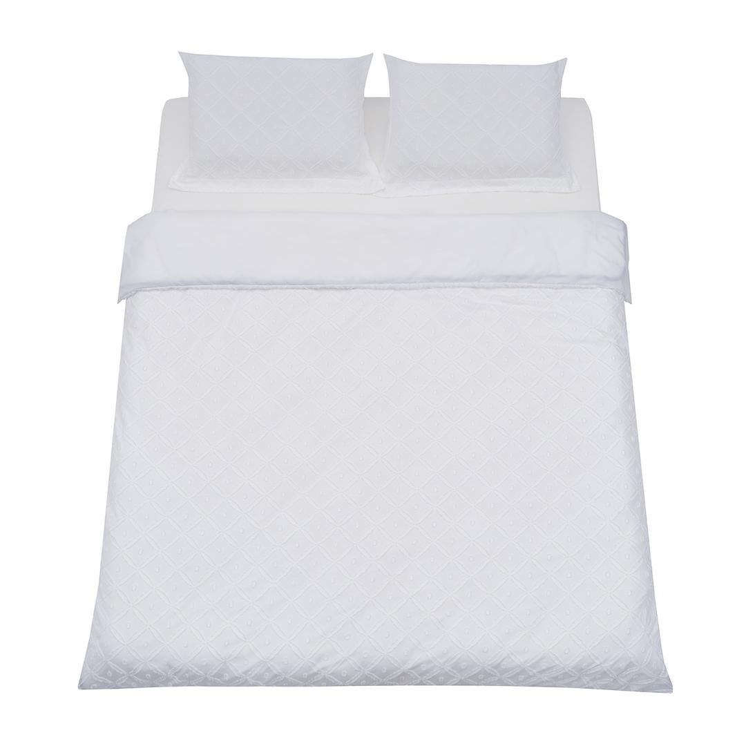 Lenjerie de pat king size pentru 2 persoane Tuff Heinner Home, cearsaf pilota 200x220 cm, cearsaf pat 220x240 cm, 2 fete de perna oxford 50x70+5 cm, microfibra, broderie Tuffata, alb