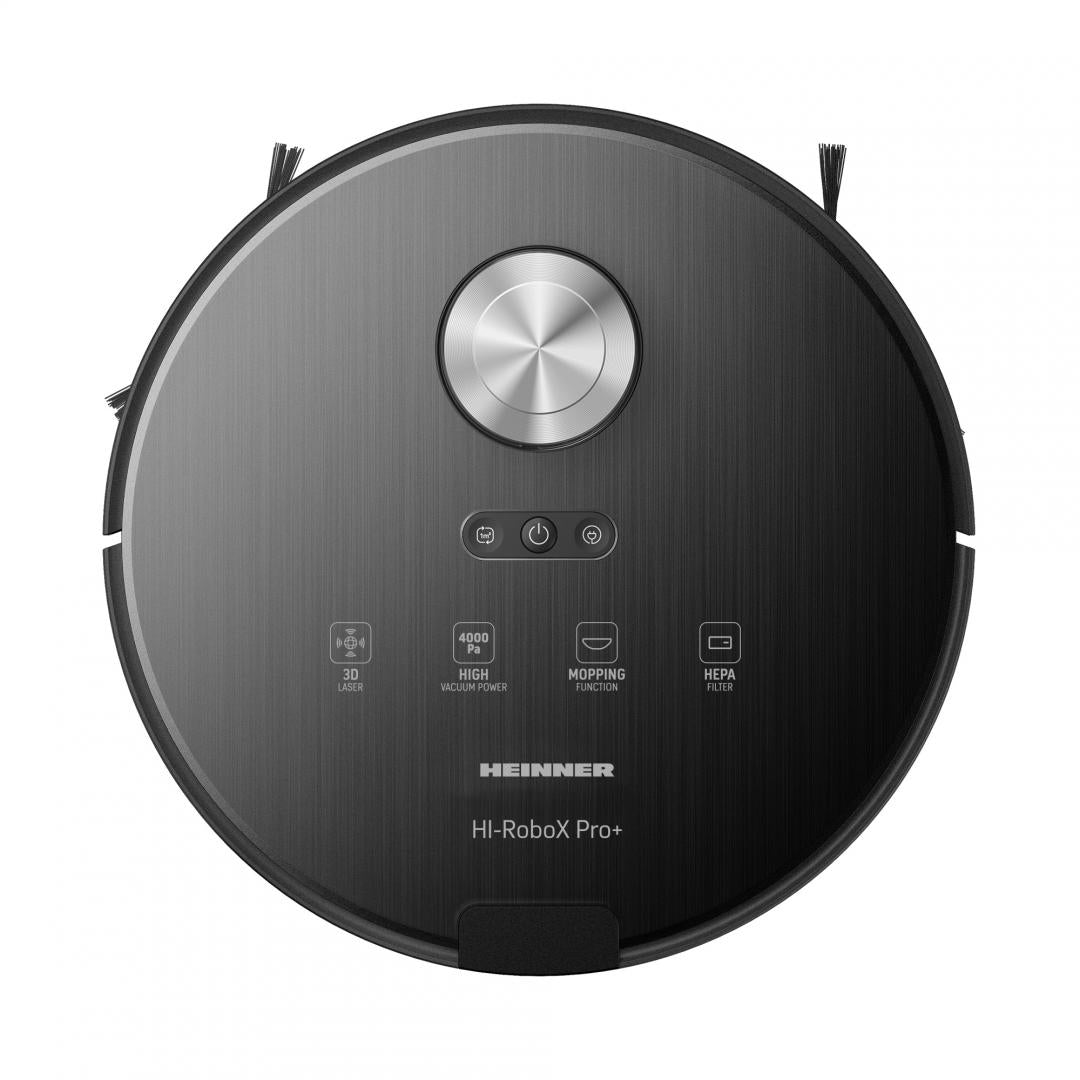Robot de aspirare Heinner HI-RoboX PRO+ HRVC-MAI52DSBK, WI-FI, aspirator si mop, 14.4V/ 5200 mAh, putere aspirare 4000Pa, motor BLDC, navigatie LDS, AI Technology, autonomie 200 min, recipient praf: 230 ml, rezervor apa: 240 ml, negru