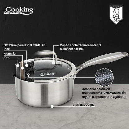 Cratita 2L cu capac sticla Cooking by Heinner Titanium, 3 straturi, inox, 18 x 9 cm