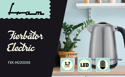 Fierbator electric Fram FEK-M2200SS, 1850-2200w, 1.7l, filtru detasabil, Negru/Gri