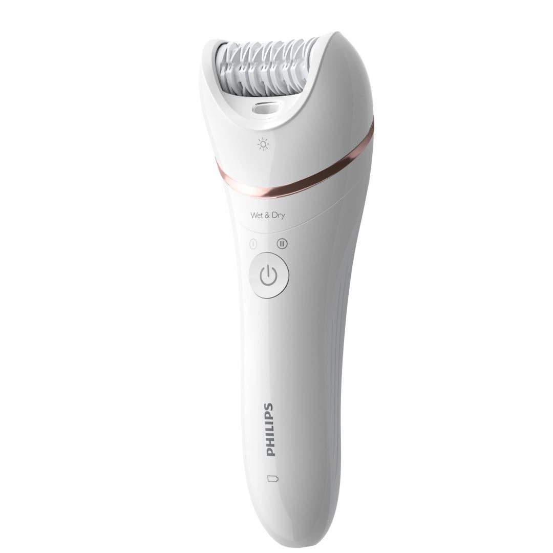 Epilator umed si uscat Philips Seria 8000 BRE730/10, 7 accesorii, 32 pensete, utilizare fara fir, 2 setari viteza, opti-light, discuri ceramice, Argintiu