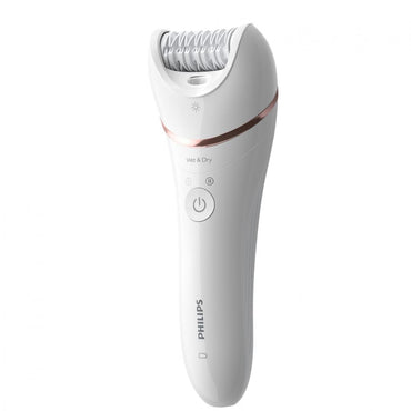 Epilator umed si uscat Philips Seria 8000 BRE730/10, 7 accesorii, 32 pensete, utilizare fara fir, 2 setari viteza, opti-light, discuri ceramice, Argintiu