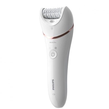 Epilator umed si uscat Philips Seria 8000 BRE730/10, 7 accesorii, 32 pensete, utilizare fara fir, 2 setari viteza, opti-light, discuri ceramice, Argintiu
