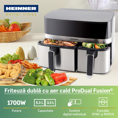 Friteuza dubla cu aer cald Heinner ProDual Fusion HAF-H9DB17BKS, 1700W, capacitate totala: 8.6L, display digital, control touch, control individual, 8 programe, functii SYNC&MATCH, gri/silver