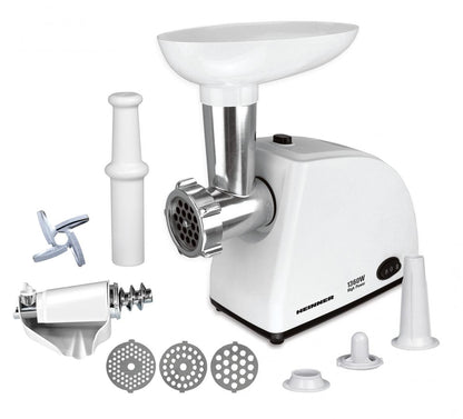 Masina de tocat Heinner MG-W1200R, 1360W,1.5 kg/min, accesoriu rosii, accesoriu carnati, cutit inox, 3 site taiere, alb