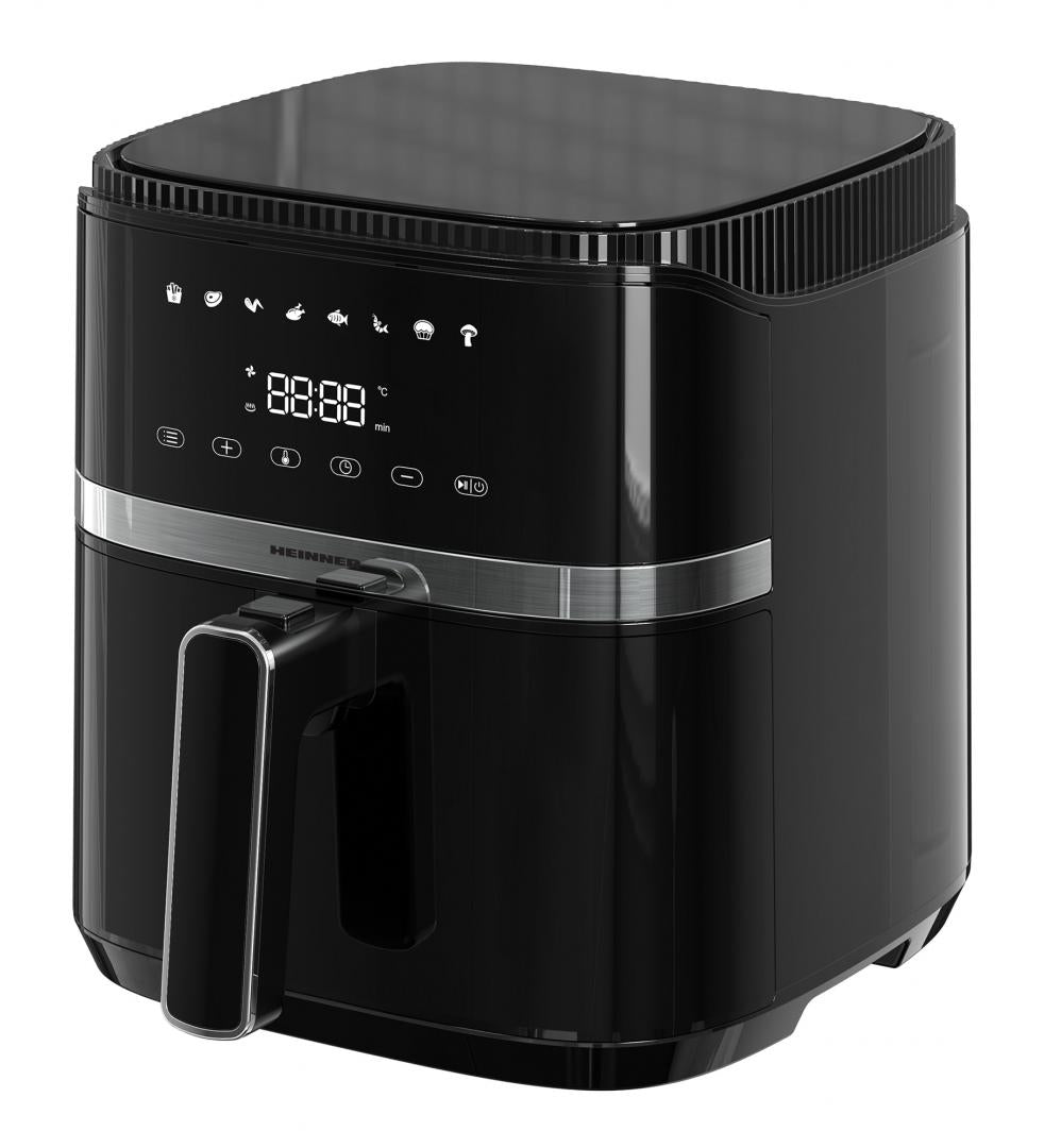 Friteuza cu aer cald Heinner Varietyfry Airfryer HAF-B5BK1500, 1500w, capacitate: 5l, display digital cu control touch, timer 60 min, temperatura 80-200 grade, 8 programe presetate, suport teflonat detasabil, oprire automata, negru