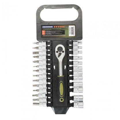 Set 27 piese Heinner CTSM020, cheie cu clichet 1/4", capete chei tubulare, biti tubulari, 4-13 mm, material chrome-vanadium