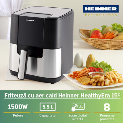 Friteuza cu aer cald Heinner HealthyEra 15 HAF-H6BKS1500, 1500W, capacitate: 5.5L, display digital, control touch, 8 programe, negru/silver