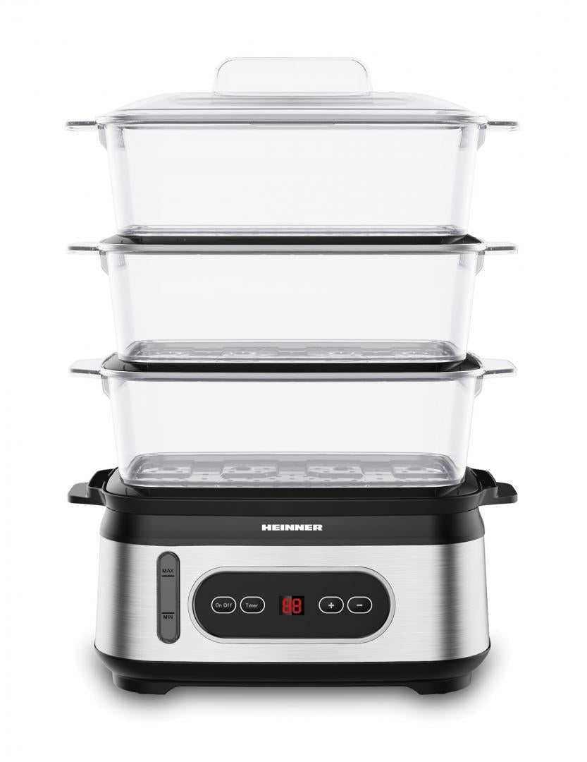 Aparat de gatit cu aburi Heinner HSA-D950SS, 800-950W, display LED, 9L, 1.5L, trei vase pentru gatire BPA free, temporizator 60 min, indicator luminos, protectie impotriva functionarii fara apa, cablu alimentare, insertii inox, negru/argintiu