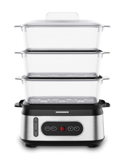 Aparat de gatit cu aburi Heinner HSA-D950SS, 800-950W, display LED, 9L, 1.5L, trei vase pentru gatire BPA free, temporizator 60 min, indicator luminos, protectie impotriva functionarii fara apa, cablu alimentare, insertii inox, negru/argintiu