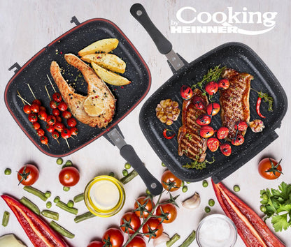 Tigaie dubla grill Cooking by Heinner Dark Line, dreptunghiulara, aluminiu, 32x24x7.5 cm