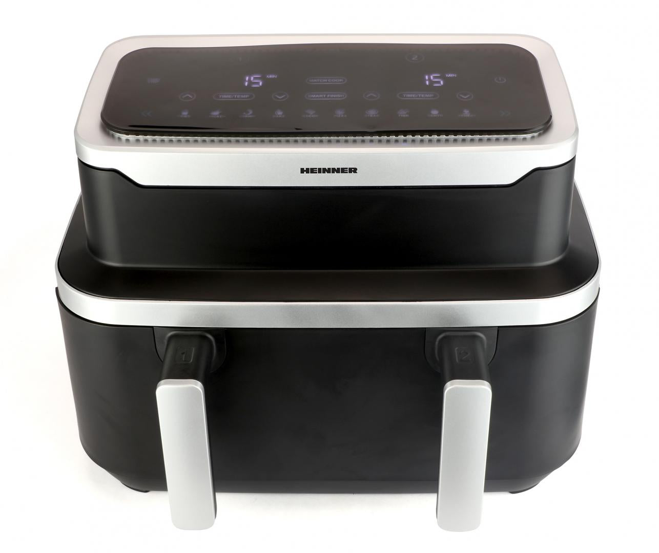 Friteuza dubla cu aer cald Heinner match&sinc HAF-DDB9BK26, 2600w, capacitate totala 9l, control digital individual, termostat reglabil 60-200 grade, negru