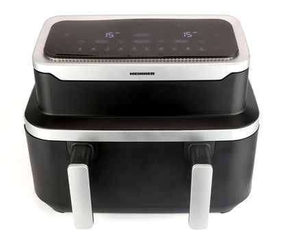 Friteuza dubla cu aer cald Heinner match&sinc HAF-DDB9BK26, 2600w, capacitate totala 9l, control digital individual, termostat reglabil 60-200 grade, negru