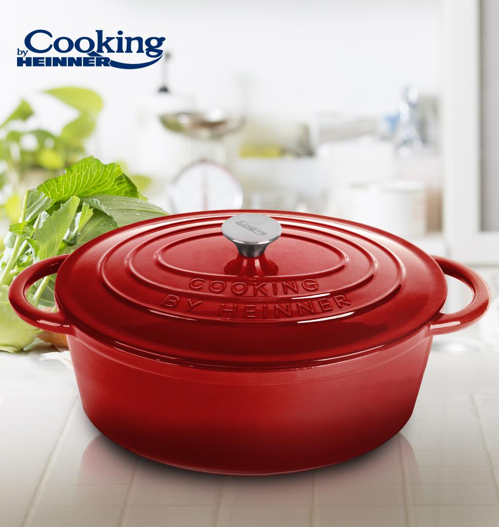 Semioala Fonta Emailata Ovala+Capac , 6L, Red Line, Cooking By Heinner