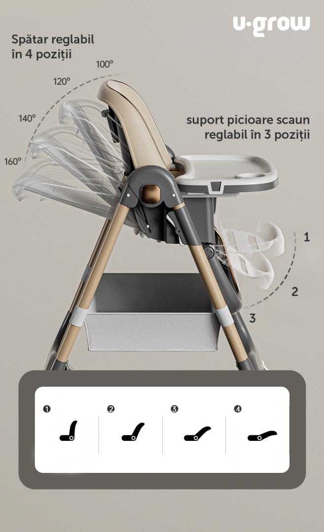 Scaun de masa cu inaltime reglabila, spatar ajustabil in 4 pozitii, pliabil, brown, U-Grow