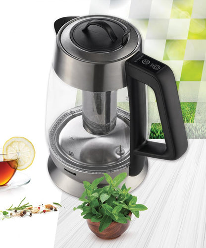 Fierbator cu filtru de ceai Heinner HEK-TF18GX, 1.8 L, 5 setari temperatura, iluminare colorata, control touch, element inox, oprire automata, Inox/Sticla
