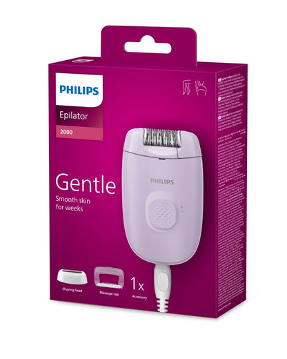 Epilator Philips Seria 2000 BRE237/00, 1 setare de viteza, cap de epilare lavabil, 2 accesorii pentru corp si zone sensibile, lumina LED, Lila