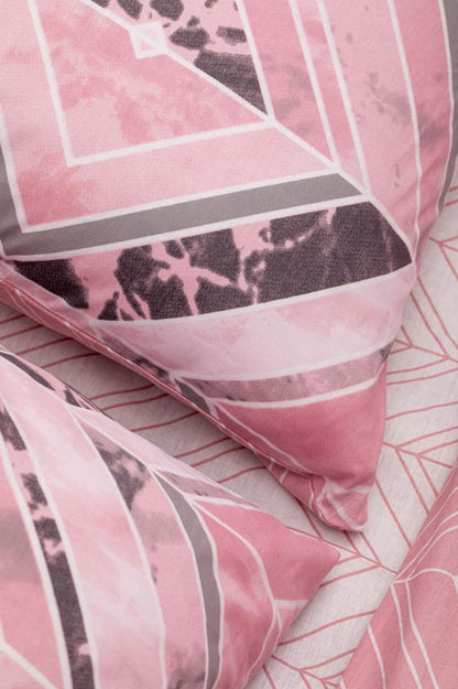 Lenjerie de pat Heinner Home, 2 persoane, 100% bumbac 132 TC, cearsaf pilota 180x215 cm, cearsaf pat 200x220 cm, 2 fete de perna 50x70 cm, 4 piese, imprimeu geometric, Roz/Maro