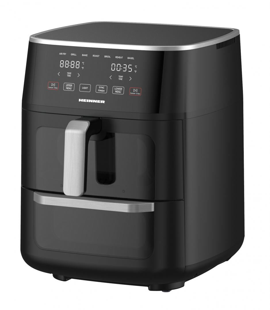 Friteuza dubla cu aer cald Heinner OvenFry Cook HAFO-M11BK1700, 1550-1850W, capacitate 11L, panou de comanda electronic, 10 programe presetate, timp maxim de preparare: 90 min, fereastra supraveghere si lumina interioara, Negru