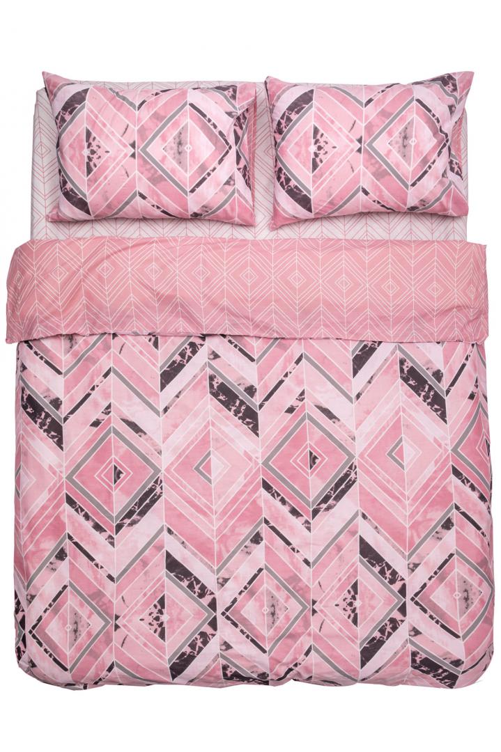 Lenjerie de pat Heinner Home, 2 persoane, 100% bumbac 132 TC, cearsaf pilota 180x215 cm, cearsaf pat 200x220 cm, 2 fete de perna 50x70 cm, 4 piese, imprimeu geometric, Roz/Maro