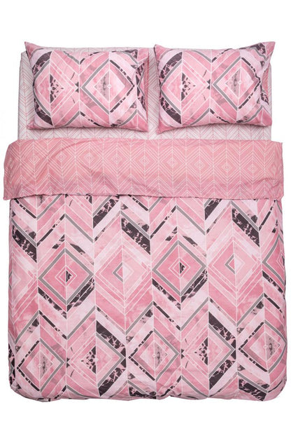 Lenjerie de pat Heinner Home, 2 persoane, 100% bumbac 132 TC, cearsaf pilota 180x215 cm, cearsaf pat 200x220 cm, 2 fete de perna 50x70 cm, 4 piese, imprimeu geometric, Roz/Maro
