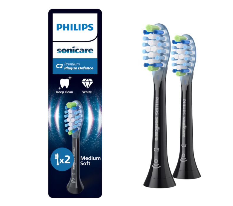 Rezerve Philips Sonicare Plaque Defence HX9042/88, pachet de 2 capete de periere, Standard, click-on, sincronizarea modurilor BrushSync, Negru