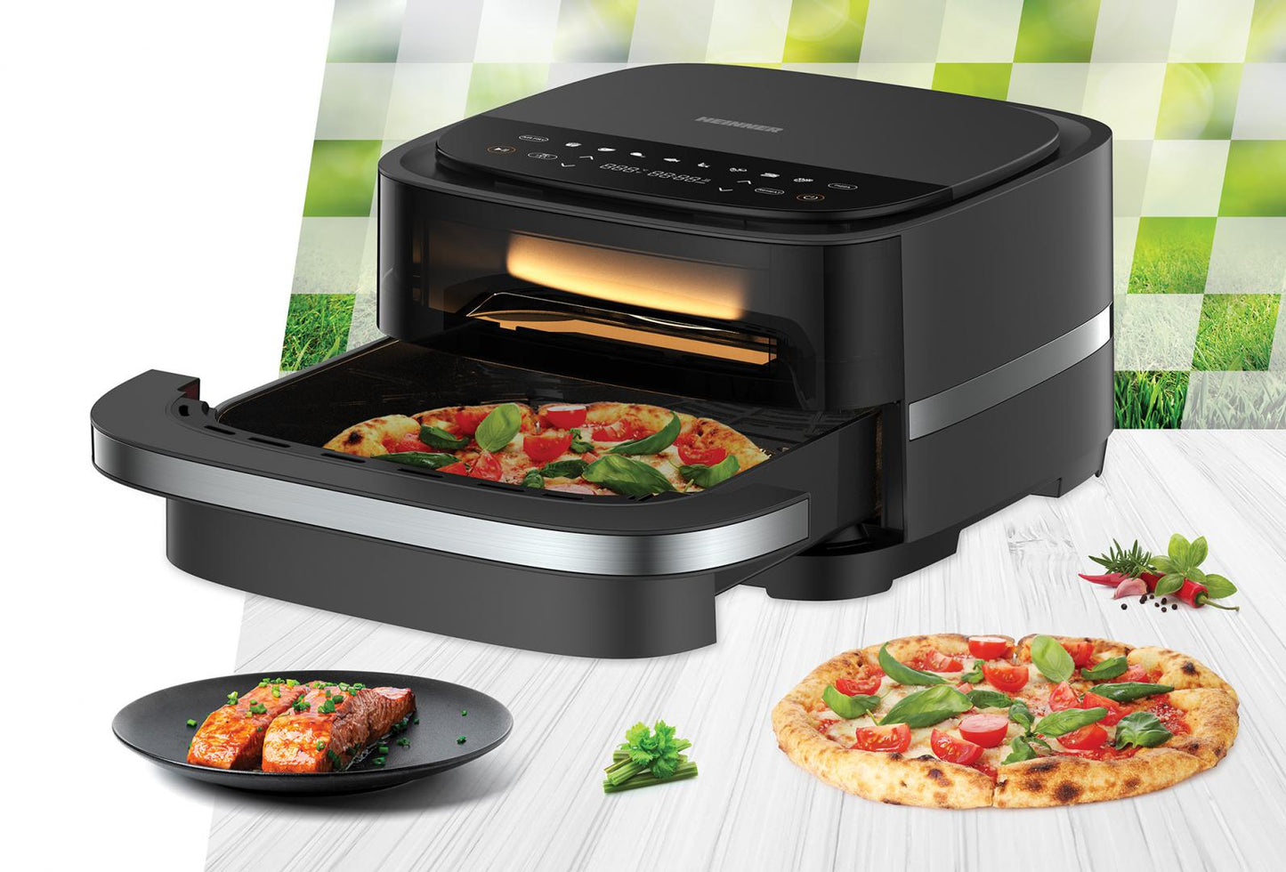 Friteuza cu aer cald si cuptor pizza 2 in 1 Heinner pizza EastFry HPAF-B4DC22BK, 2200W, capacitate 4L si 25.4 diametru pizza, control digital, 9 programe presetate, programe presetate, 40-230 grade, timer 60 min, negru