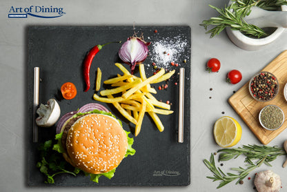 Platou ardezie Cooking by Heinner cu doua manere, patrat, inox, 30x30 cm