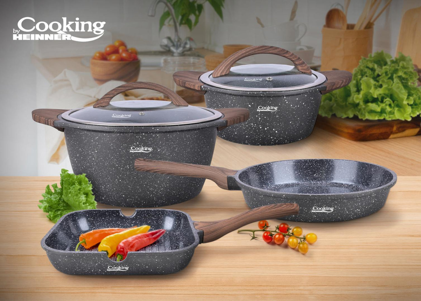 Set pentru gatit cu 6 piese Cooking by Heinner, aluminiu turnat, interior ceramic cu aspect marmorat, capace din sticla