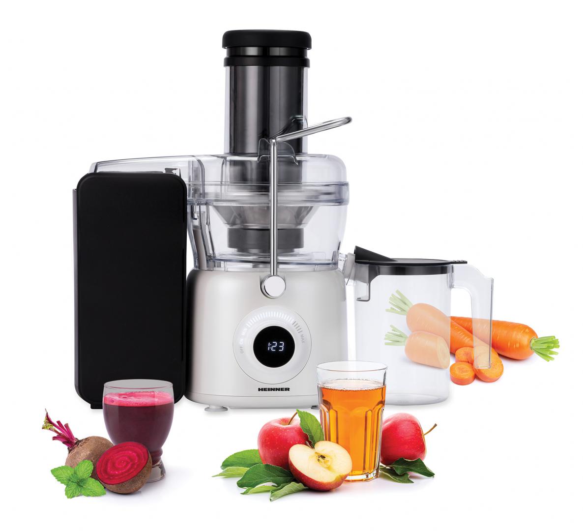 Storcator de fructe Heinner Pearlwhite HSF-K1000DCWP, 1000W, motor DC, viteza variabila, recipient pulpa 1L, filtru inox, tub larg alimentare 84mm, alb perlat