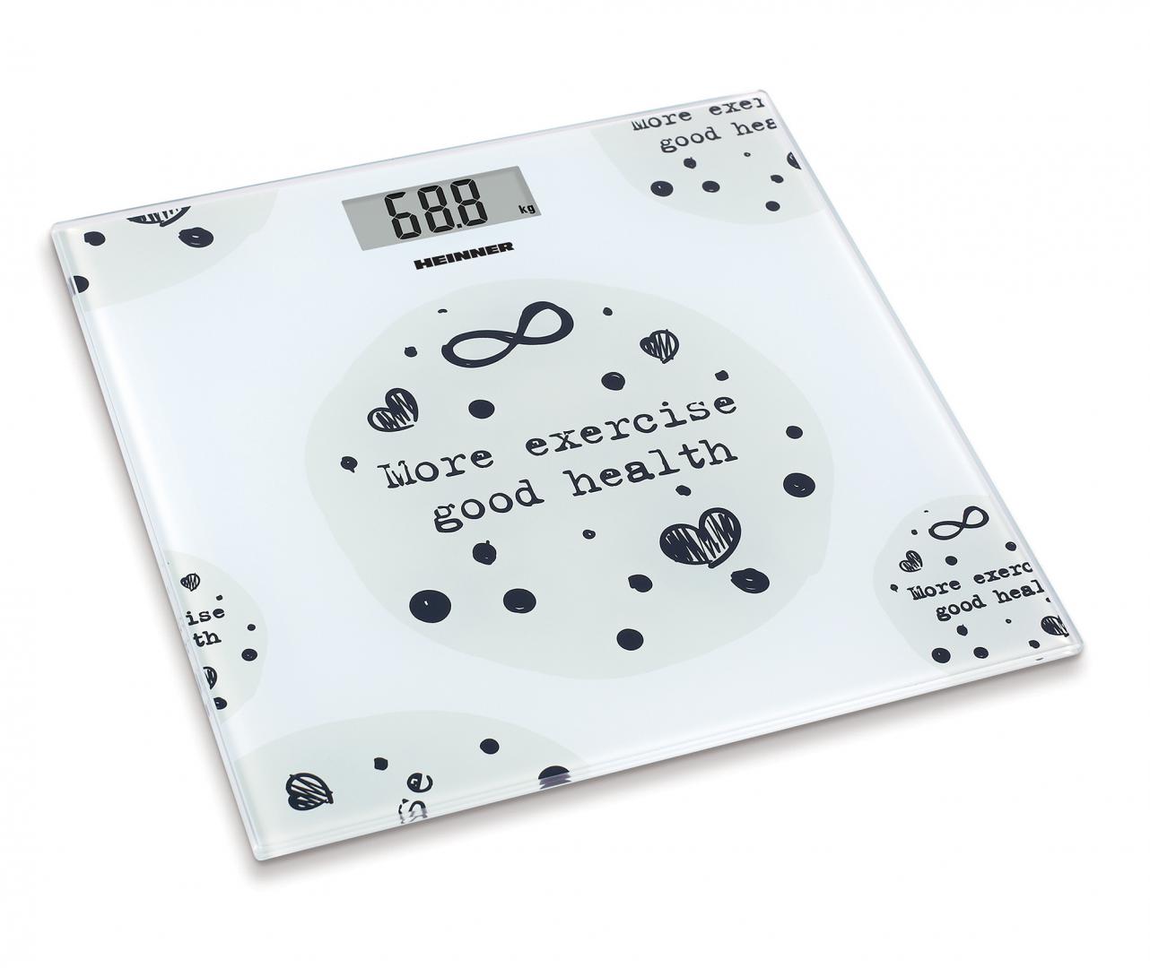 Cantar de persoane Heinner HBS-150MSJ, 150kg, sticla securizata 6mm, 30 x 30 cm, display lcd, Alb