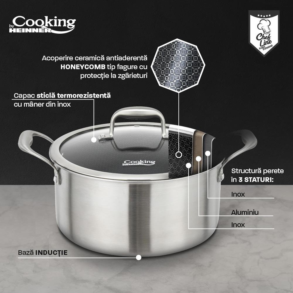 Oala 2.8L cu capac sticla Cooking by Heinner Titanium, 3 straturi, inox, 20 x 10 cm