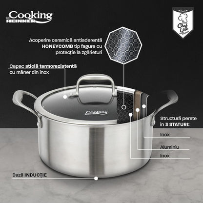 Oala 2.8L cu capac sticla Cooking by Heinner Titanium, 3 straturi, inox, 20 x 10 cm