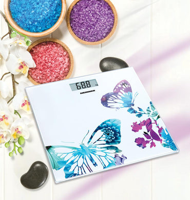 Cantar de persoane Heinner HBS-150BTF, 150kg, platforma din sticla securizata 6mm, 30 x 30 cm, display LCD, baterie inclusa CR2032, Alb/Abstract