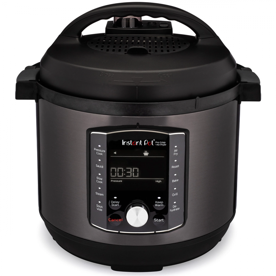 Multicooker si friteuza cu aer cald, 2 in 1, Instant Pot Pro Crisp 8, 1500W, 11 programe presetate, Capacitate 7.6 litri, Vas interior din inox, Negru