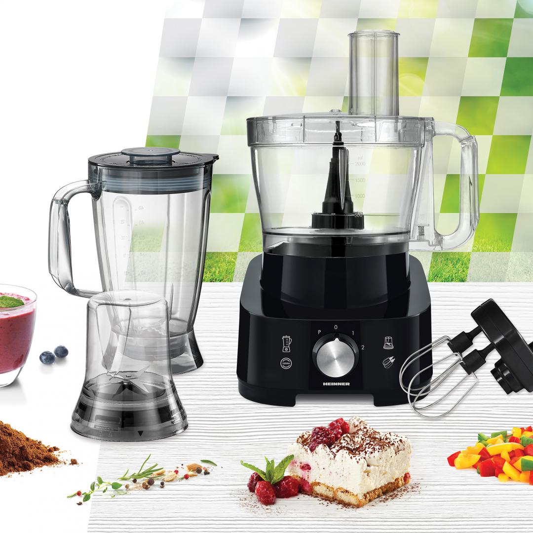 Robot de bucatarie Heinner Cookery Chef HFP-1000BK, 1000W, blender si rasnita incluse, capacitate bol 3.5L, capacitate blender 1.8L, 2 viteze + Pulse, cutit inox, negru