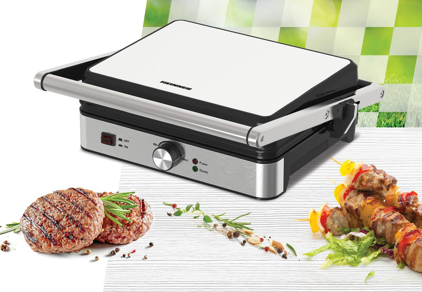Grill electric Heinner SunsetGrill HEG-K2000SS, 2000W, placi fixe cu invelis antiaderent, dimensiuni placi: 30 X 24.9 cm, temperatura reglabila, maner rece, deschidere 180˚, indicatoare luminoase „ON” și „gata de folosire”, tava colectare ulei, inox